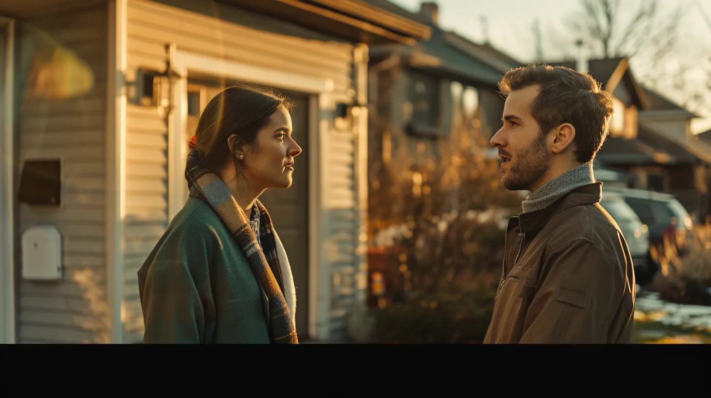 a concerned homeowner stands at the entrance of an aged property in a suburban neighborhood, engaging in a hopeful conversation with a supportive real estate professional, conveying a sense of urgency and resolution against the backdrop of charming residential houses.