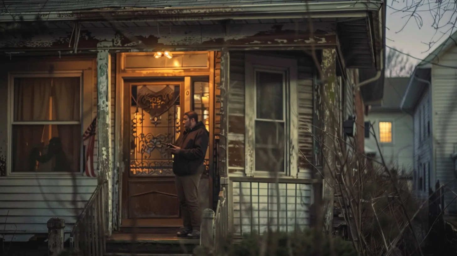 a concerned homeowner stands at the entrance of a dilapidated house, engaged in a compassionate conversation with a reassuring real estate professional against the backdrop of a quiet suburban neighborhood, symbolizing a hopeful new beginning.