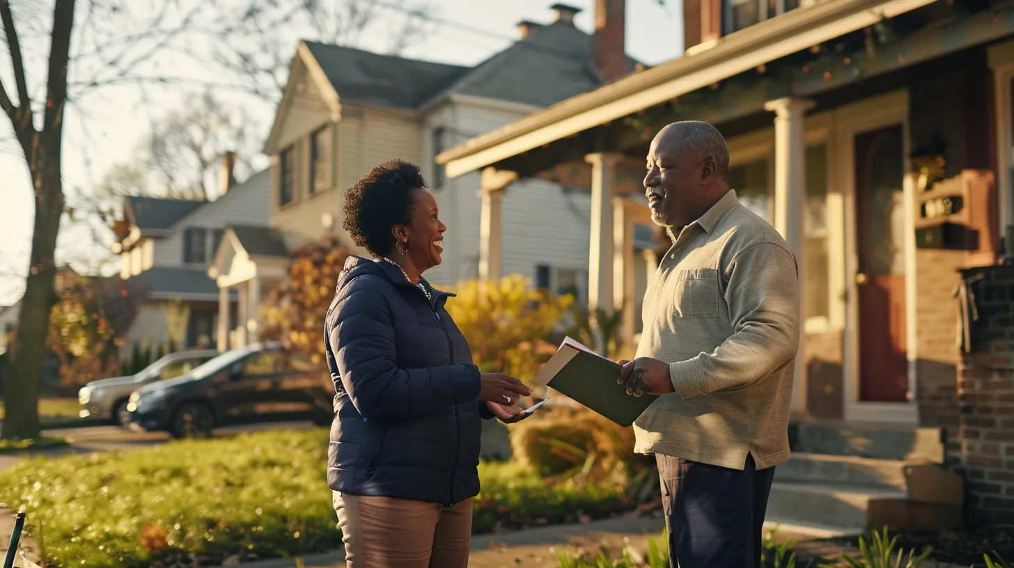 a concerned homeowner stands in front of a weathered suburban house, engaging with a supportive real estate professional who offers a reassuring smile, set against a backdrop of a sunlit neighborhood, conveying a sense of hope and collaboration in evaluating offers for abandoned properties.