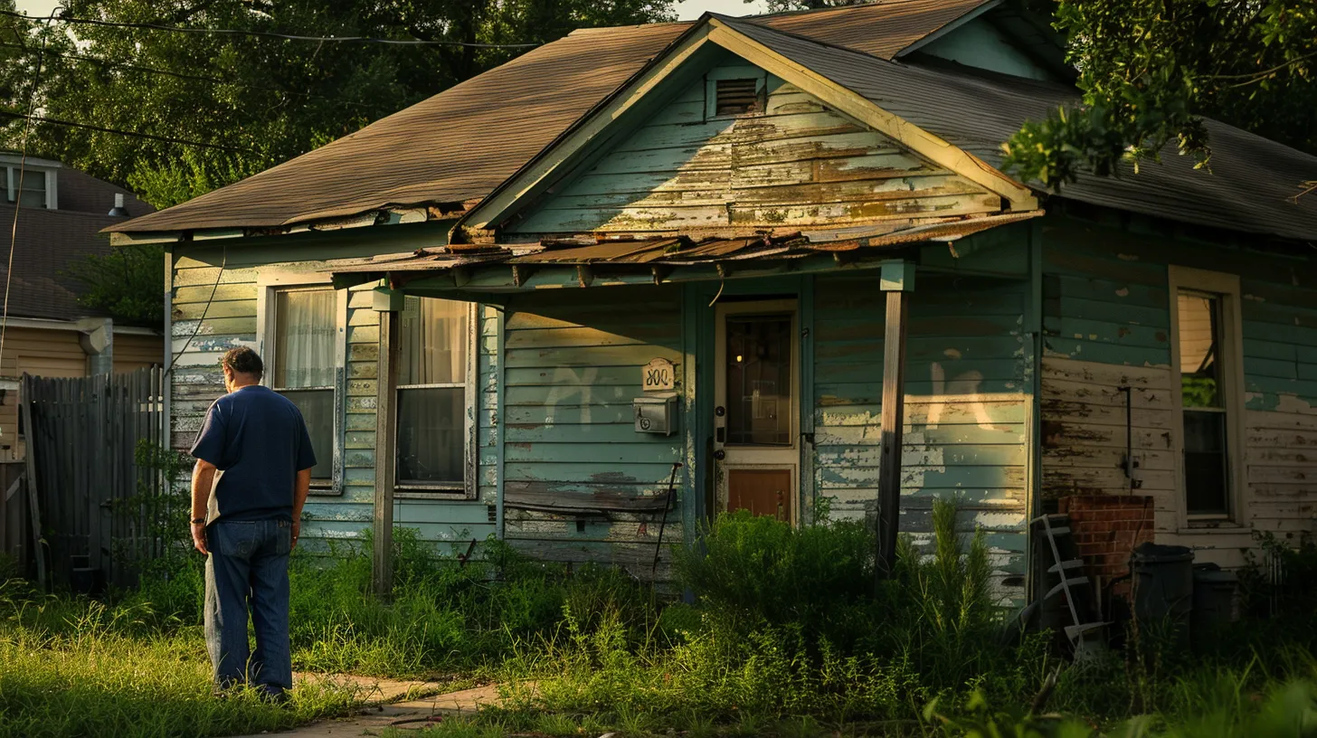 a concerned homeowner stands outside a weathered, abandoned house in a suburban neighborhood, as a friendly real estate professional offers guidance, embodying a hopeful spirit amidst the challenges of navigating texas property laws.