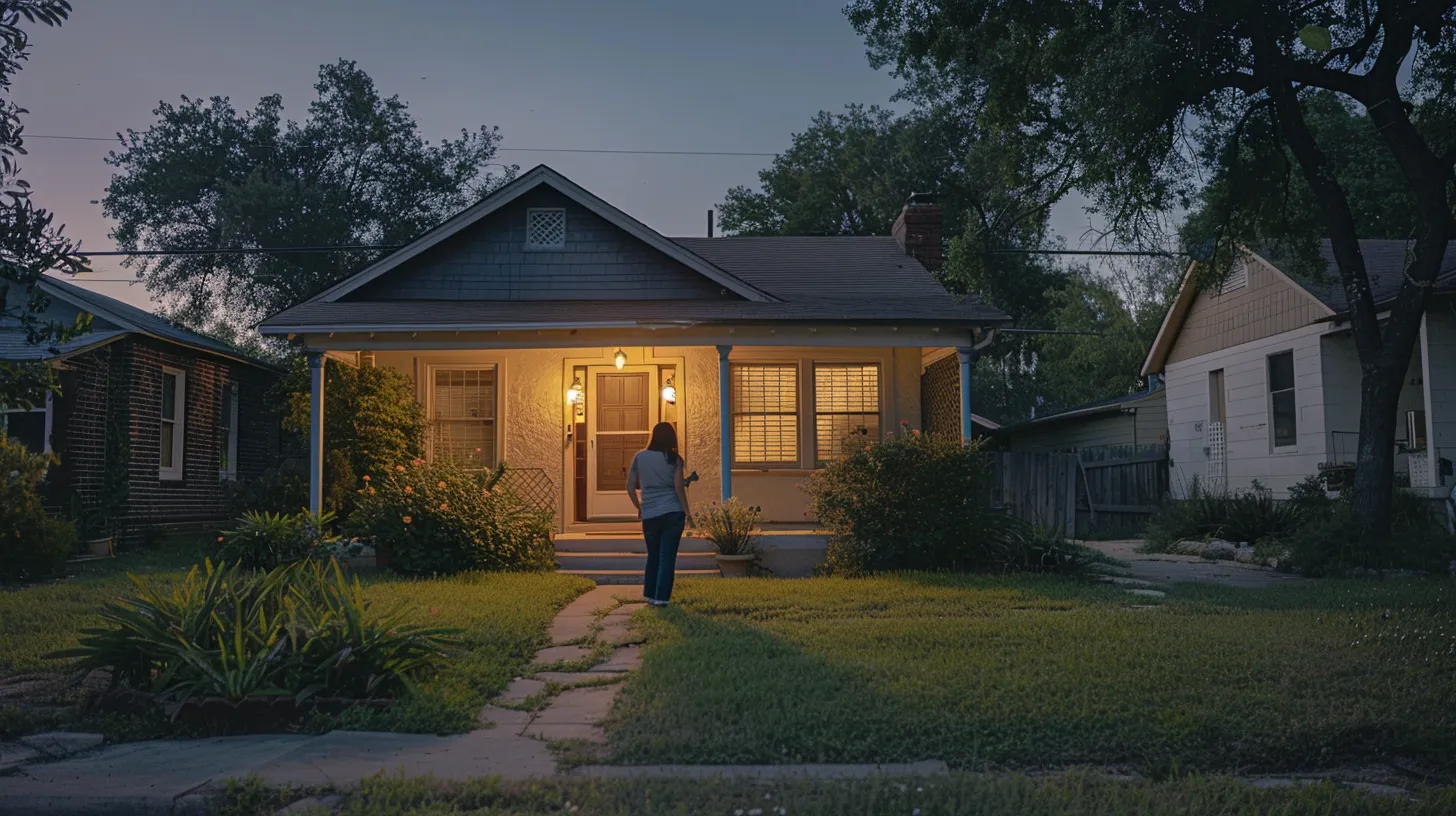 a concerned homeowner stands outside a charming older house in a suburban san antonio neighborhood, engaged in a hopeful conversation with a supportive real estate professional, embodying a sense of warmth and assistance in the process of selling vacant properties.