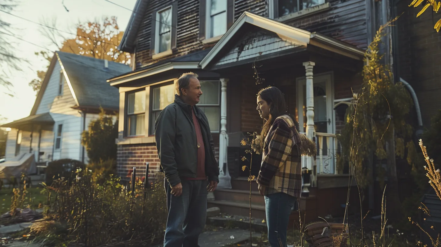 in a suburban neighborhood, a concerned homeowner stands outside a worn house, engaging in an encouraging conversation with a supportive real estate professional, bathed in warm daylight that conveys hope and reassurance in the process of selling distressed properties.